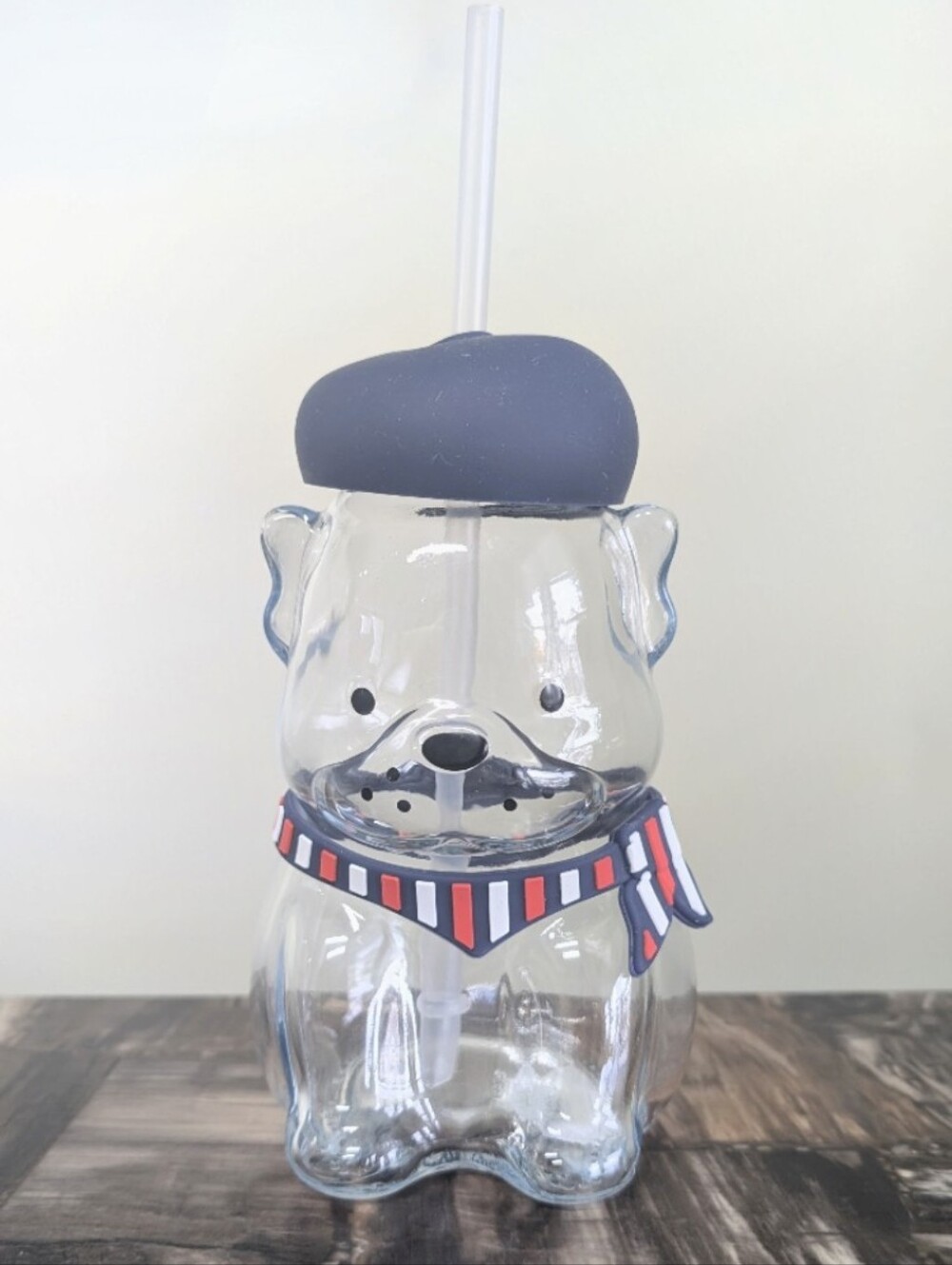 Sculpted Frenchie Glass Tumbler with Straw, Silicone Baret and Scarf 🧣